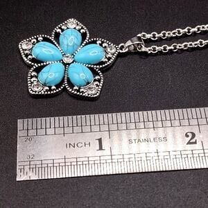 925 Silver Necklace W/ Turquoise Flower White CZ Statement Boho Woman's Gift